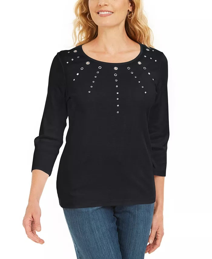 Karen Scott Women's Petite Cotton Grommet-Hardware Top Black Size Petite S