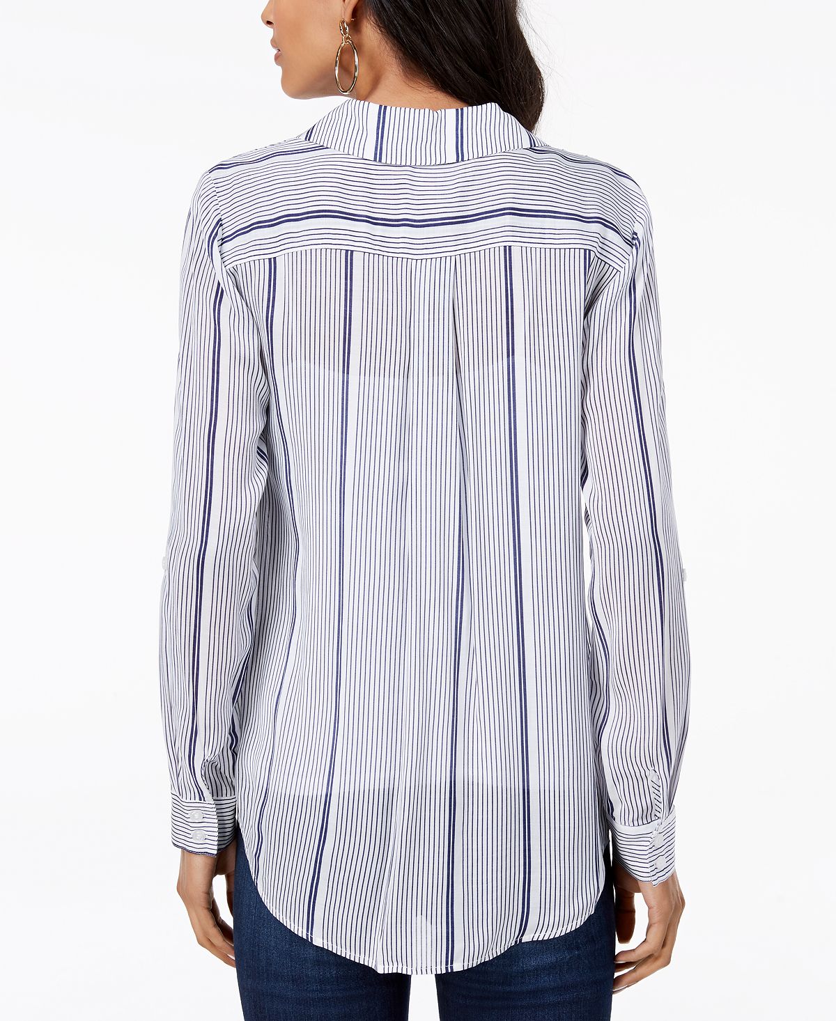 INC Women's Striped Long Sleeve Collared Button up Top Blue Size Medium