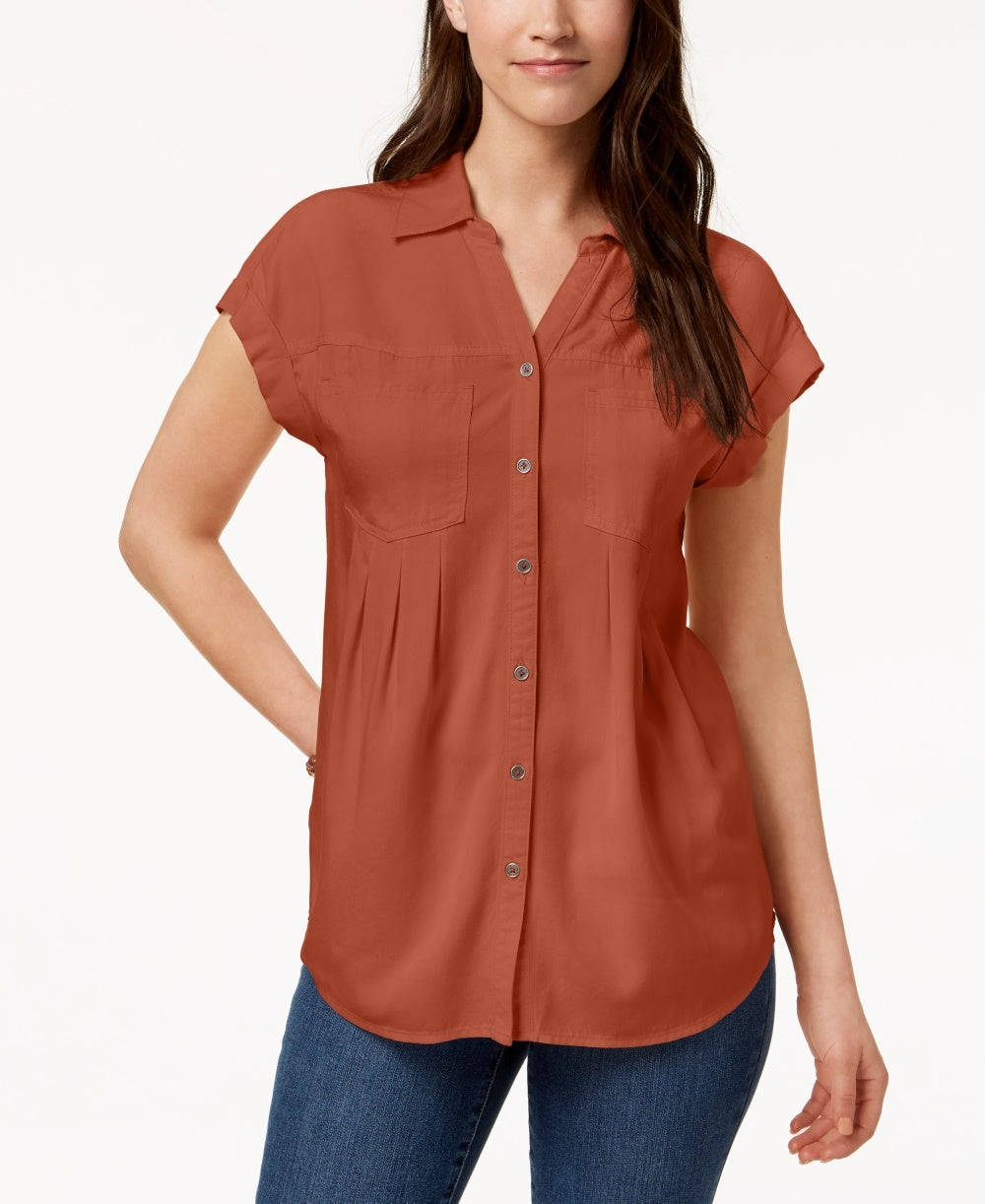 Style & Co Women's Pleated Cuffed Sleeve Top Orange Size Large