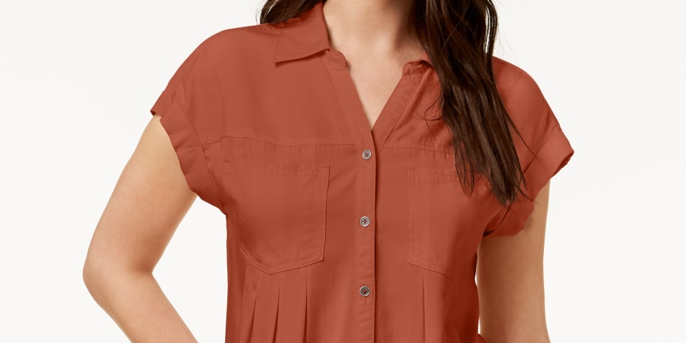 Style & Co Women's Pleated Cuffed Sleeve Top Orange Size Large