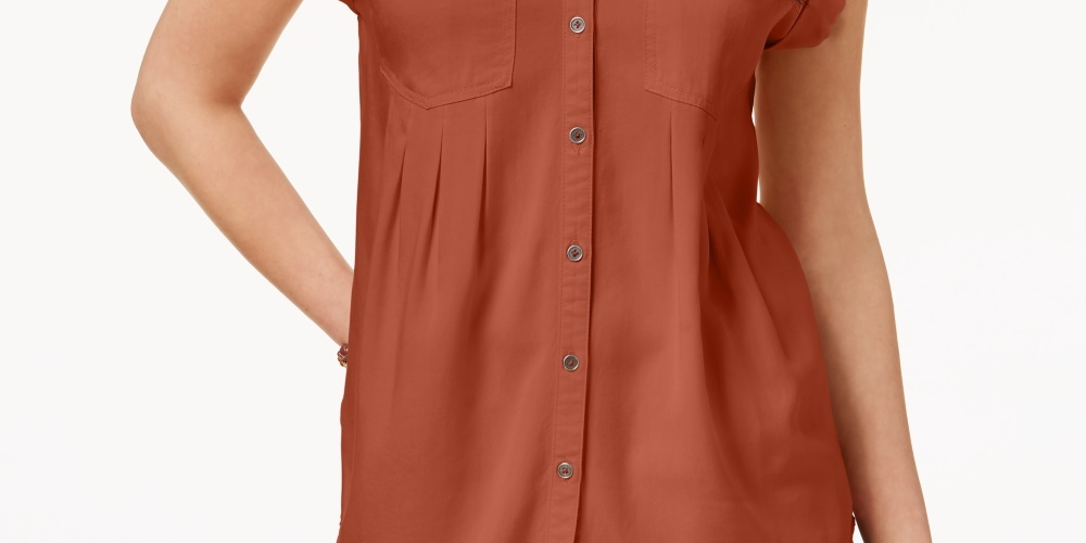Style & Co Women's Pleated Cuffed Sleeve Top Orange Size Large