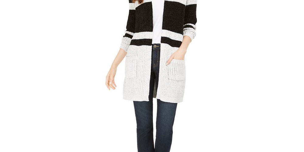 Style & Co Women's Striped Chenille Open Front Cardigan BlackSize M