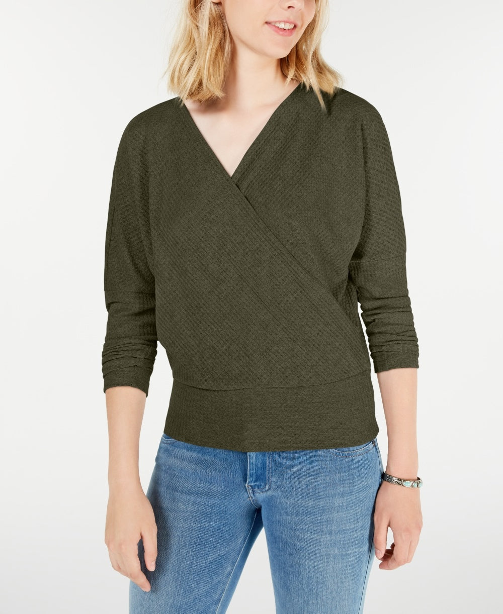 Gypsies & Moondust Juniors' Surplice Waffle-Knit Top Green Size Medium