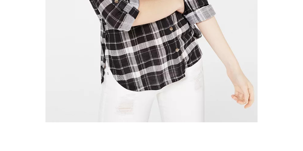 Polly & Esther Juniors' Plaid Roll-Tab Shirt -Black / White Size Medium