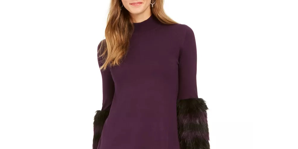 Alfani Women's Petite Faux-Fur Trim Sweater Purple Size PL