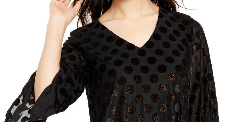 Alfani Women's Metallic Dot Bell-Sleeve Top Black Size Large