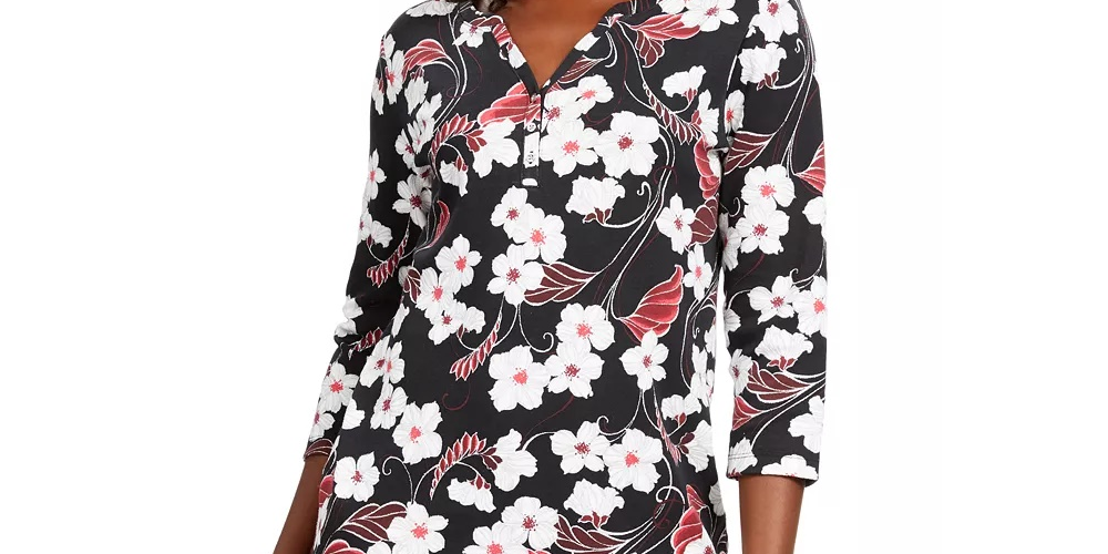 Karen Scott Women's Petite Glitter Floral-Print Top Black Size Medium