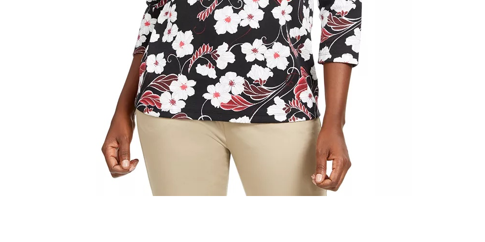 Karen Scott Women's Petite Glitter Floral-Print Top Black Size Medium