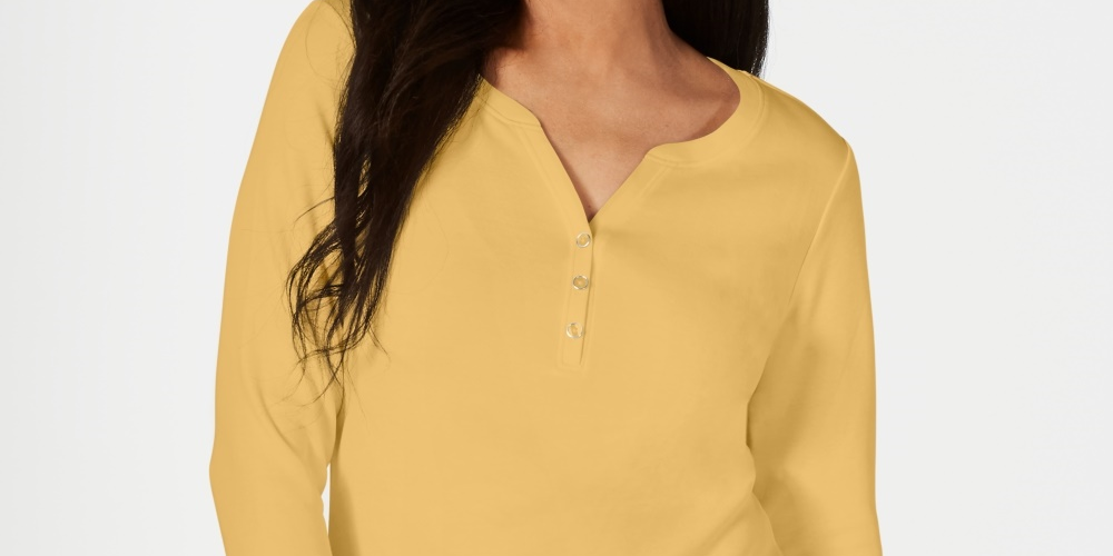 Karen Scott Women's Cotton Henley Top Beigekhaki Size X-Small