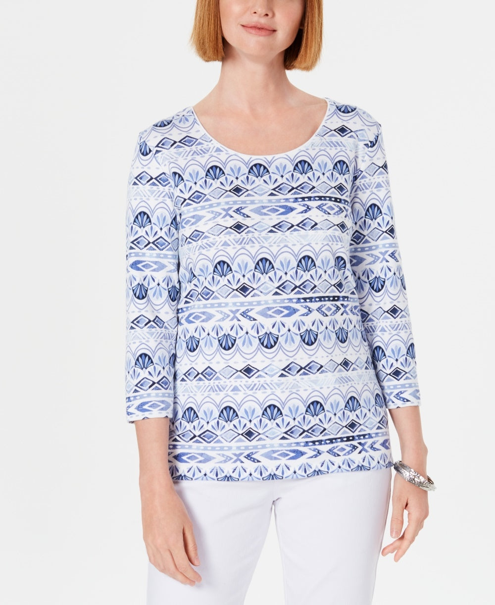 Karen Scott Women's Petite Ikat Printed Top Blue Size PXL