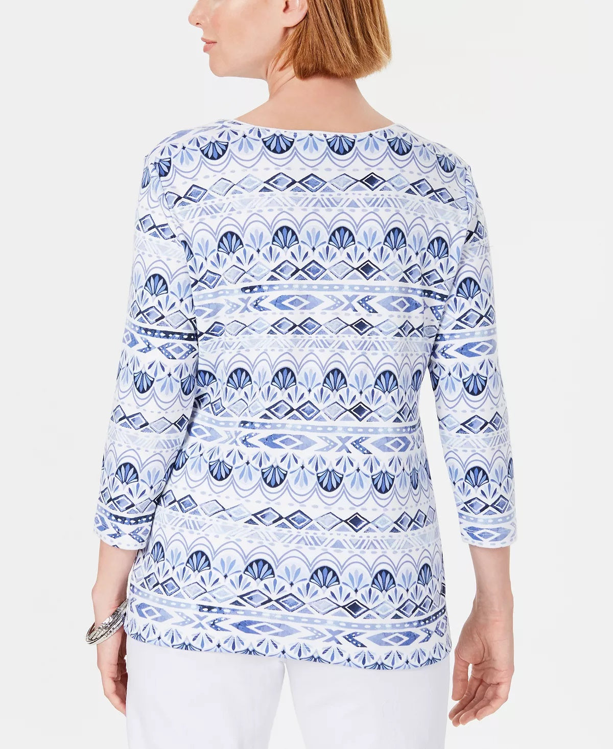 Karen Scott Women's Petite Ikat Printed Top Blue Size PXL