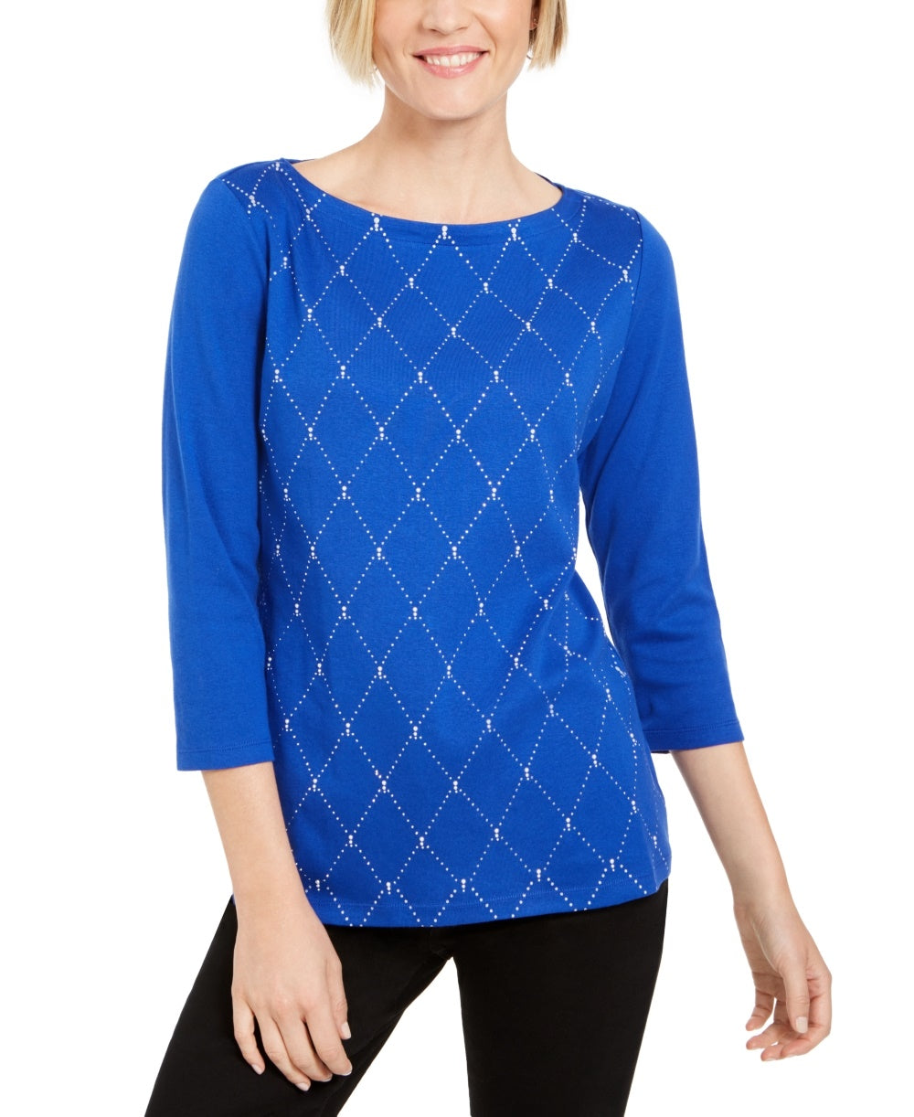 Karen Scott Women's Petite Embellished 3/4-Sleeve Cotton Top Blue Size PS/M