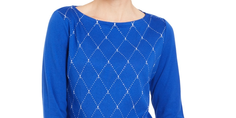 Karen Scott Women's Petite Embellished 3/4-Sleeve Cotton Top Blue Size PS/M