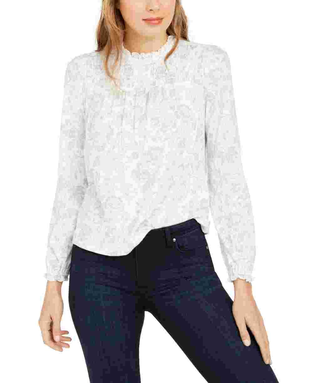 Lucky Brand Women's Smocked Yoke Blouse Blue Size X-Large