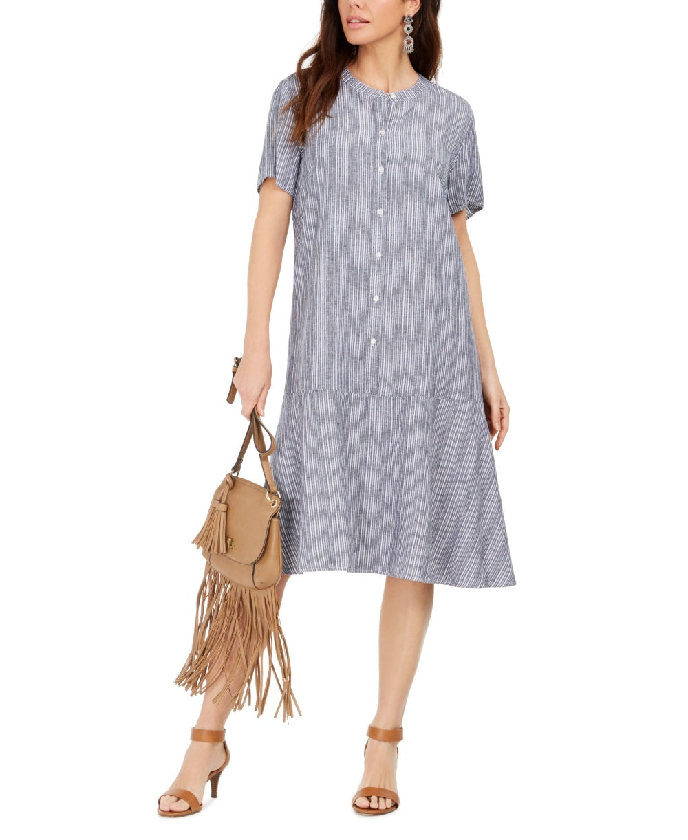Style & Co Striped Button-Front Linen-Blend A-Line Dress Blue Size Large