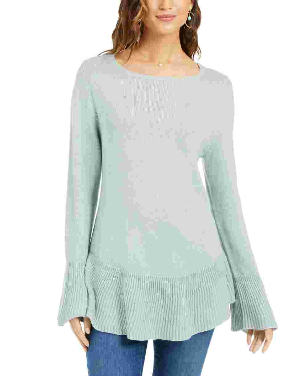 Style & Company Women's Ribbed Patterned Long Sleeve Jewel Neck Blouse Sweater Green Size PM