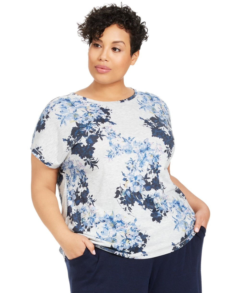 Ideology Women's Plus Floral Print T-Shirt Gray Size 1X