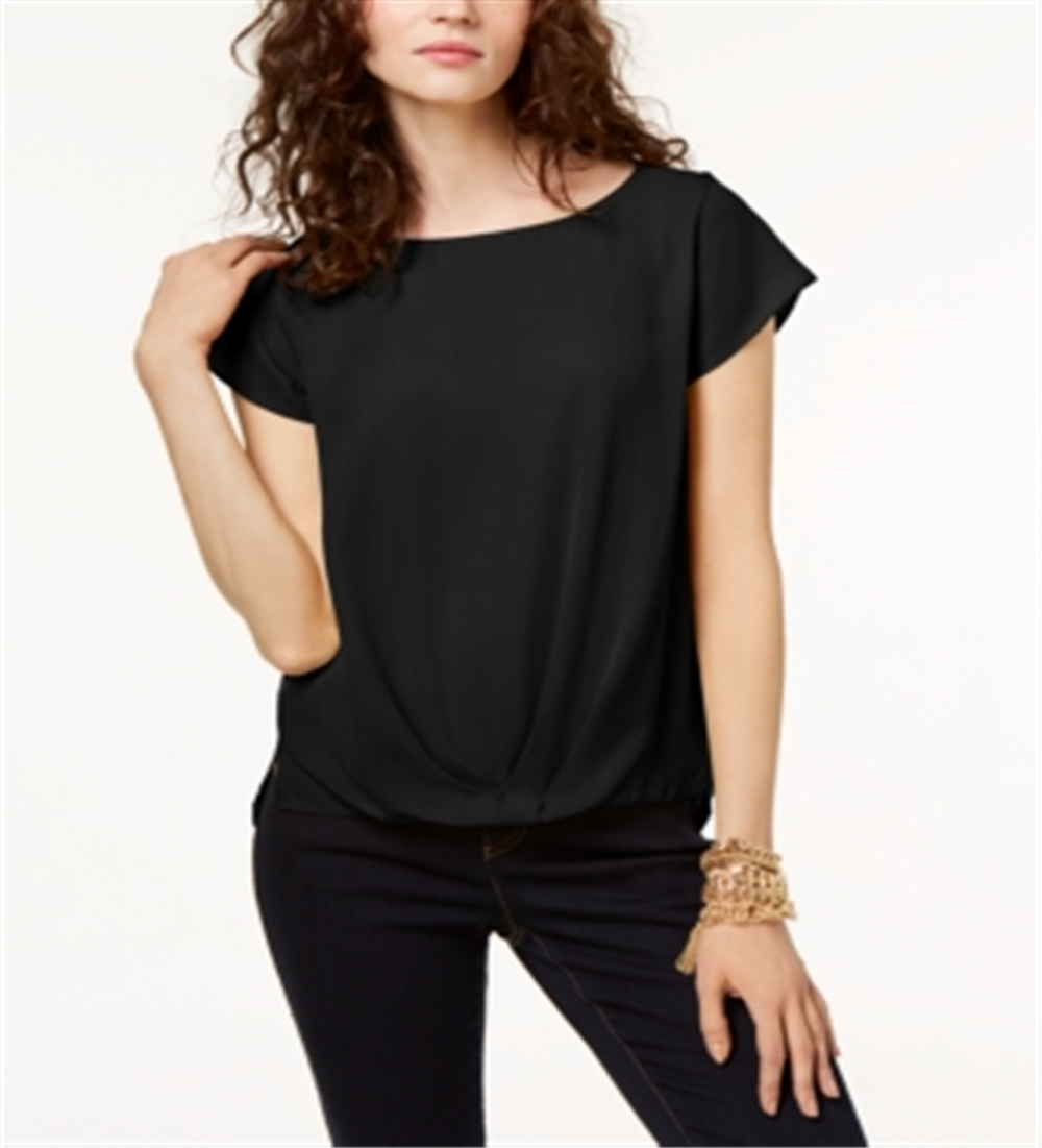 INC International Concepts Women's Jewel Neck Short Sleeve Casual Top Black Size PS