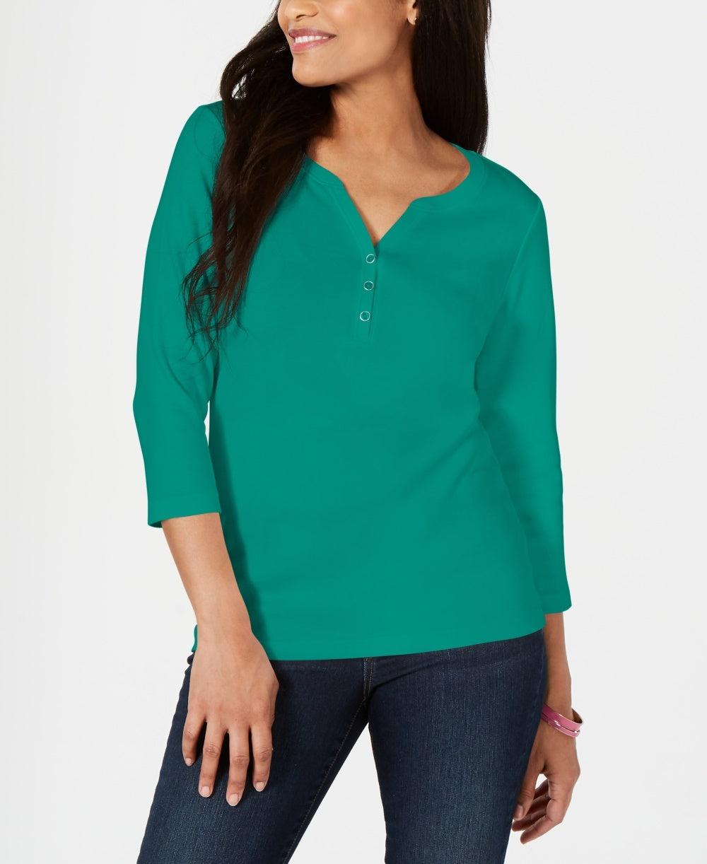 Karen Scott Women's Cotton Henley Top Blue Size Medium