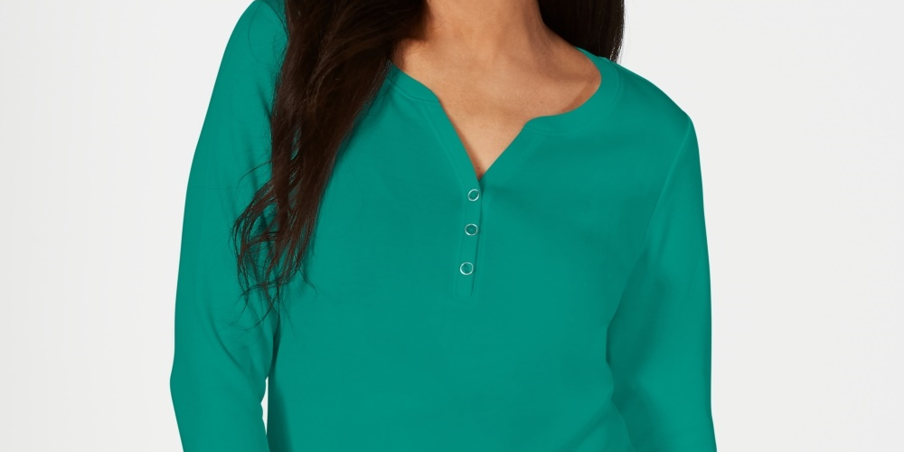 Karen Scott Women's Cotton Henley Top Blue Size Medium