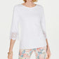 Charter Club Women's Petite Lace-Sleeve Top White Size Small