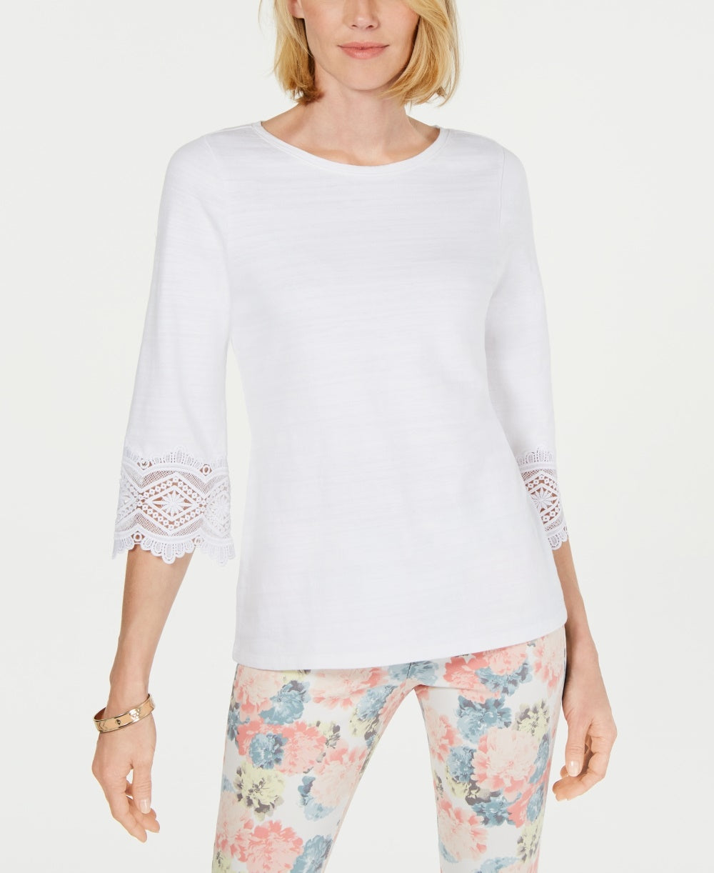 Charter Club Women's Petite Lace-Sleeve Top White Size Small