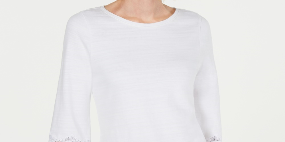 Charter Club Women's Petite Lace-Sleeve Top White Size Small