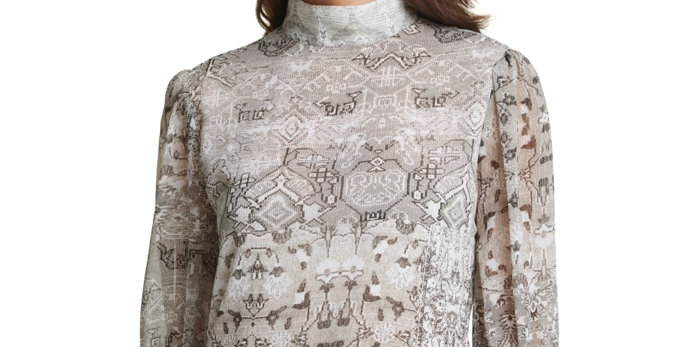 Calvin Klein Women's Printed Mock Neck Top Grey Size Large