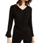 Alfani Women's Metallic Striped Knot Front Top Black Size S