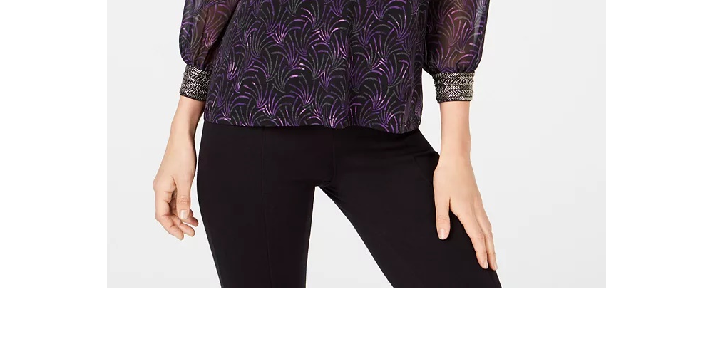 Alfani Women's Petite Printed Embellished-Neck Top Black Size Petite Small