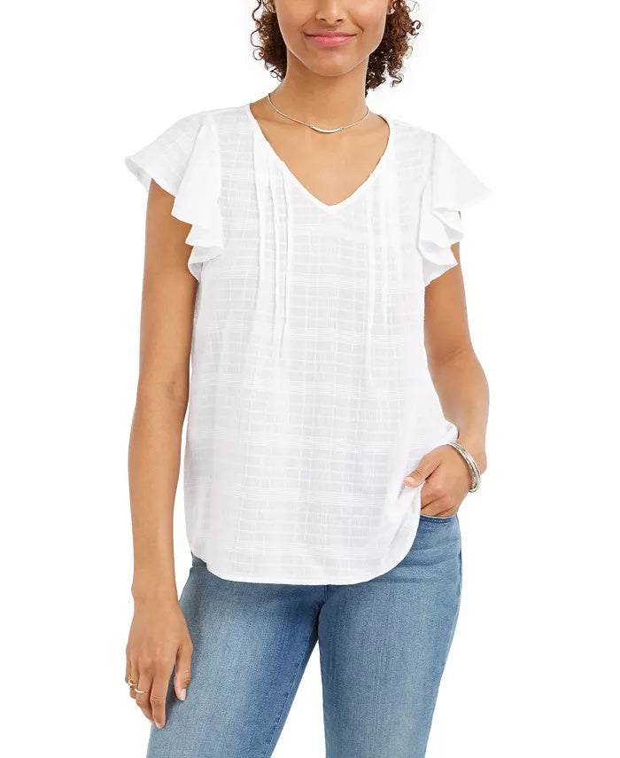 Style & Co Cotton Plaid Flutter-Sleeve Top Blue Size Small