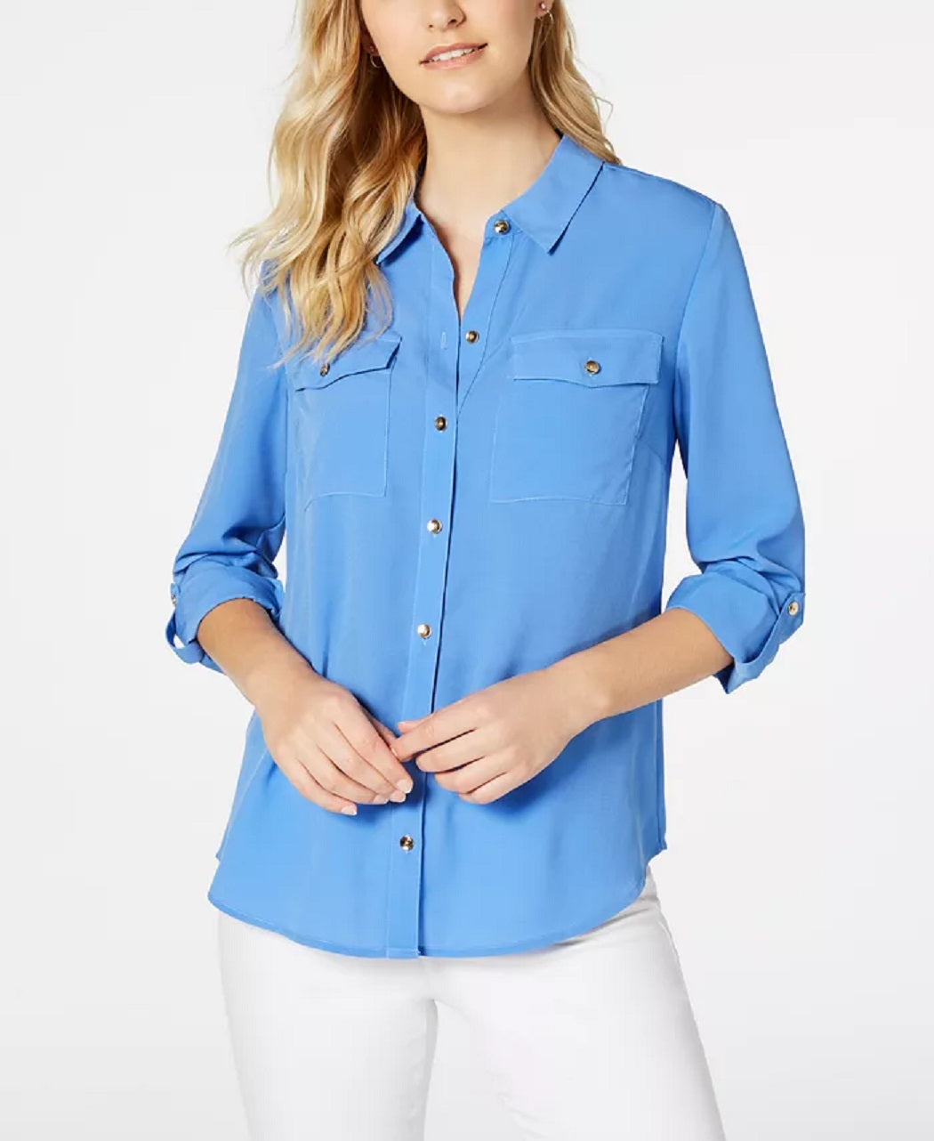 Charter Club Women's Solid Button Up Shirt Blue Size XL