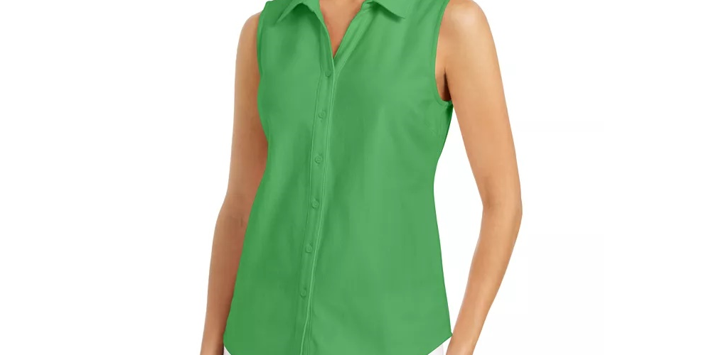 Charter Club Women's Cotton Pique Sleeveless Shirt Green Size 8
