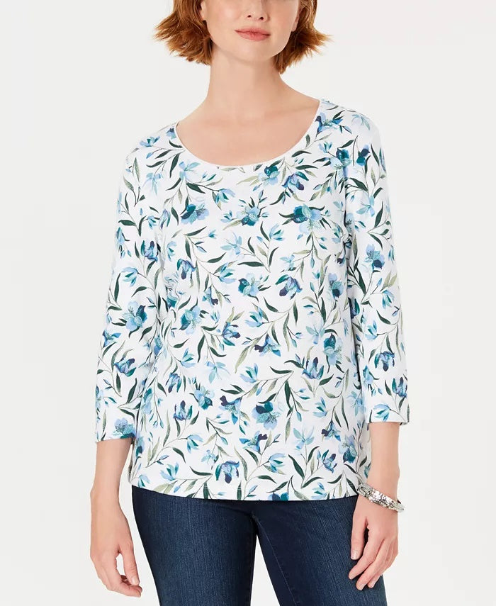 Karen Scott Women's Petite Audra Oasis Printed Top Grey Size Medium