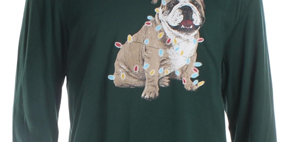 क्लब रूम पुरुषों की क्रिसमस बुलडॉग ग्राफिक हॉलिडे टी-शर्ट हरा रंग, मीडियम साइज़
