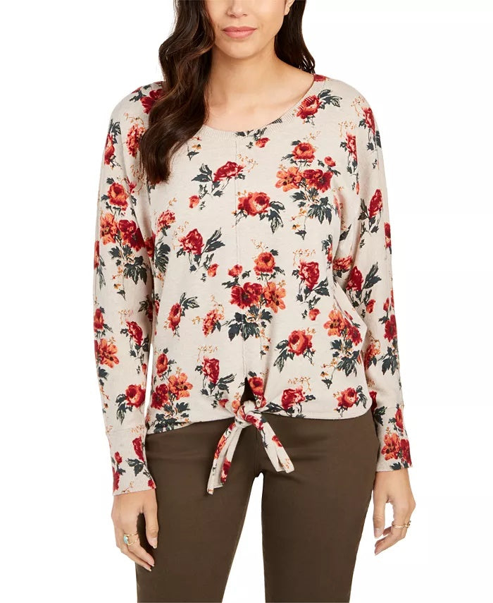Style & Co Women's Petite Printed Tie-Hem Sweater Brown Size Petite XL
