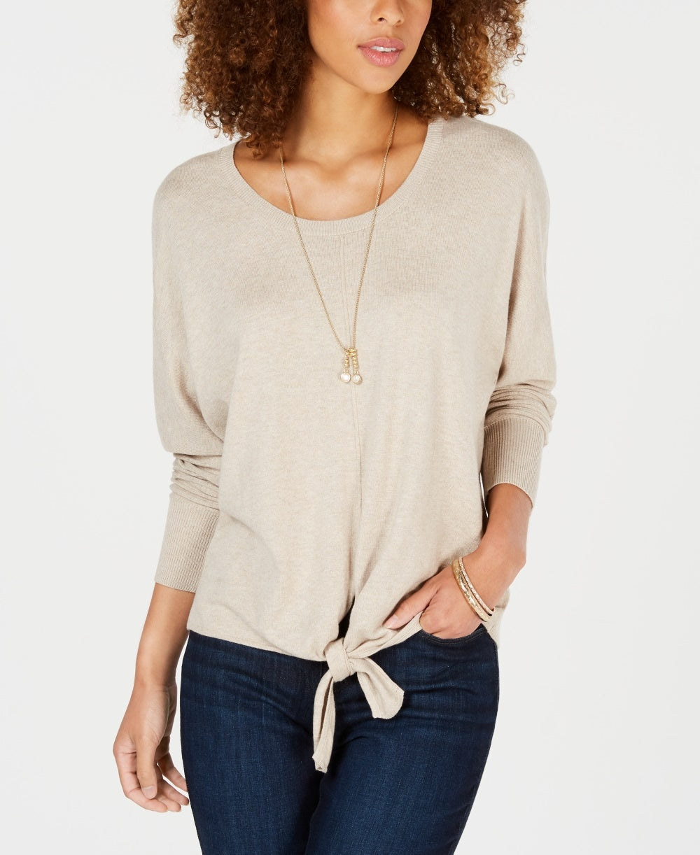 Style & Co Petite Tie-Front Sweater Beige Size PP