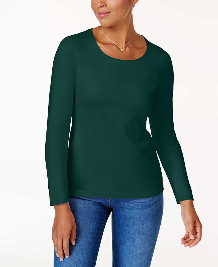 Karen Scott Women's Petite Cotton Scoop-Neck Top Green Size Petite L