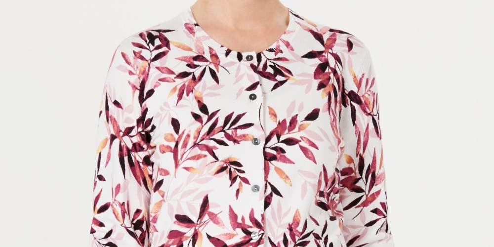 Karen Scott Women's Leaf Print Cardigan White Size XX-Large