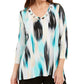 JM Collection Women's Printed Grommet-Neck Top Navy Size Large