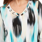 JM Collection Women's Printed Grommet-Neck Top Navy Size Large