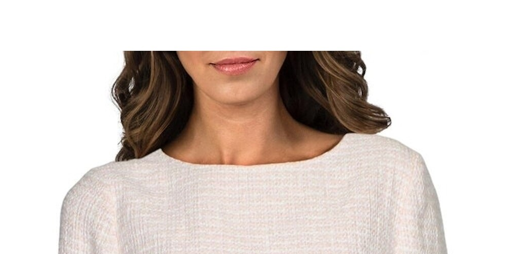 Anne Klein Women's Frayed Patterned Long Sleeve Jewel Neck Top White Size Large