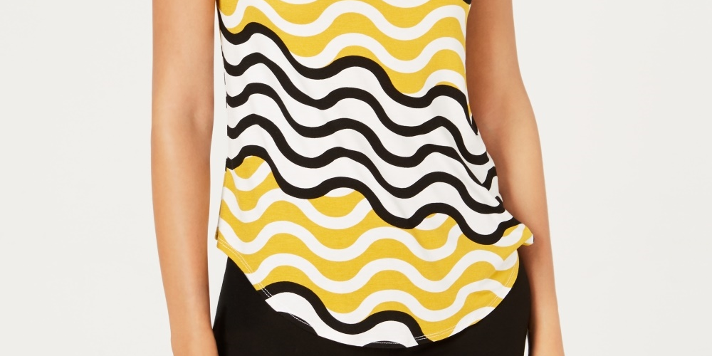 Alfani Women's Petite Printed Round-Hem T-Shirt Yellow Size S