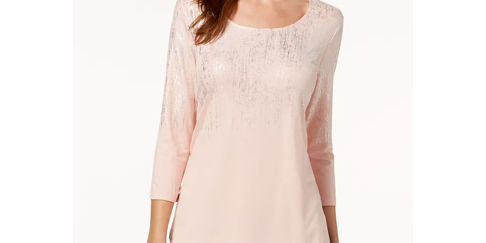 JM Collection Women's Petite Metallic-Print Top White Size Petite S/M