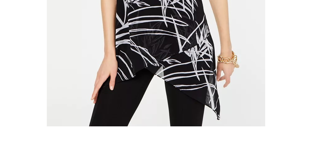 Alfani Women's Petite Printed Handkerchief-Hem Top Black Size PS