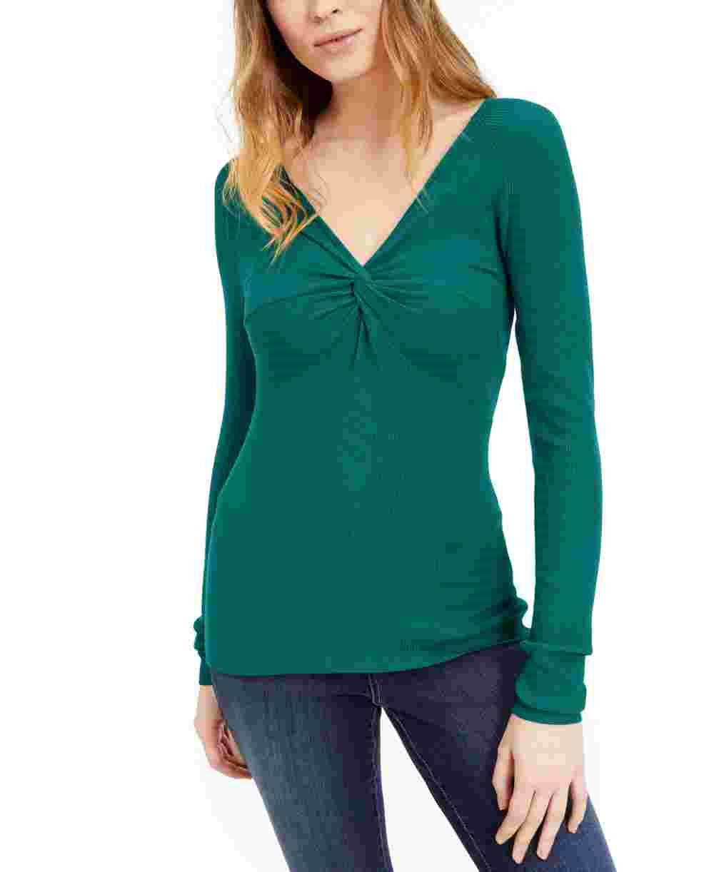 INC International Concepts Women's Twist Front Long Sleeve V Neck Sweater Green Size Large