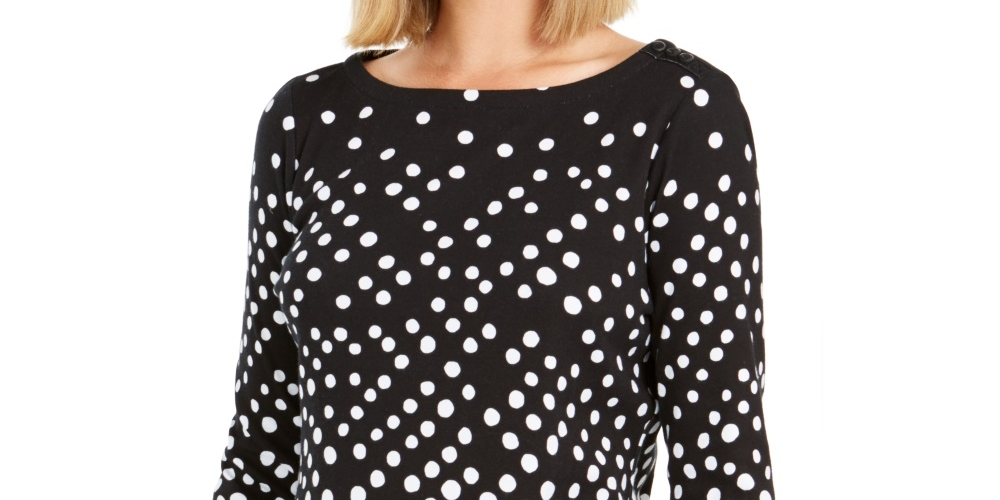 Charter Club Women's Pima Cotton Button Shoulder Print Top Black Size PXL