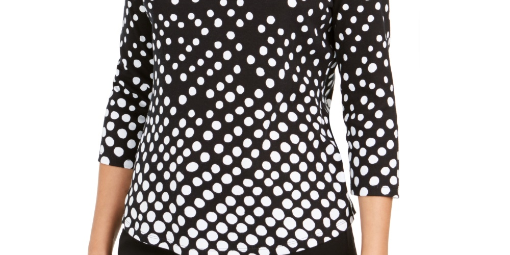 Charter Club Women's Pima Cotton Button Shoulder Print Top Black Size PXL