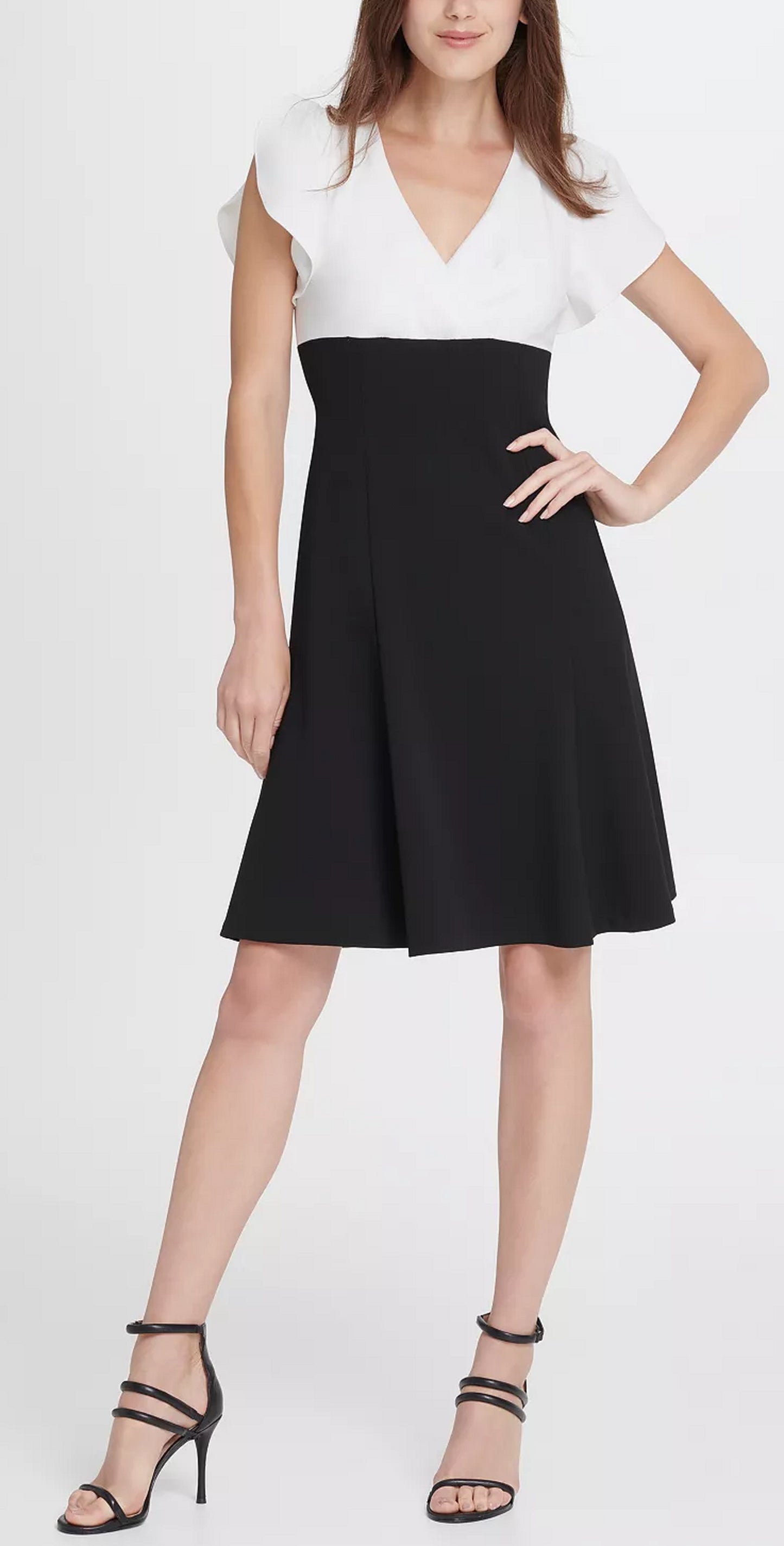 DKNY Women's Colorblock Tulip Sleeve Fit Flare Dress Black/White Size 12