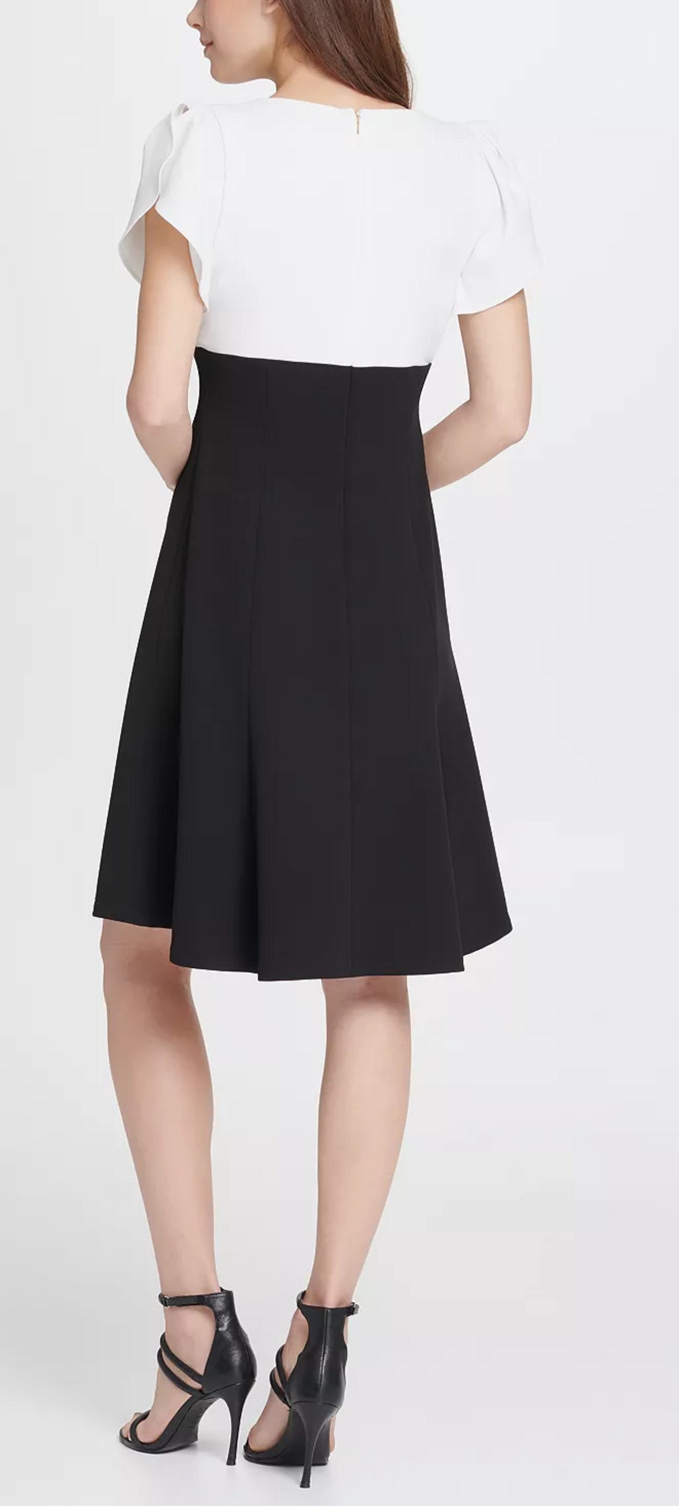 DKNY Women's Colorblock Tulip Sleeve Fit Flare Dress Black/White Size 12